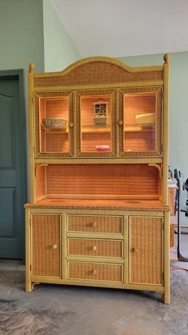 HENRY LINK Furniture, Glass Lighted Buffet China Hutch, Wrapped Rattan, wicker Cover