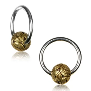 PAIR BRASS BALI STYLE BEAD CBR RINGS NIPPLE SEPTUM GAUGES HOOPS EARRINGS PLUGS - Picture 1 of 1