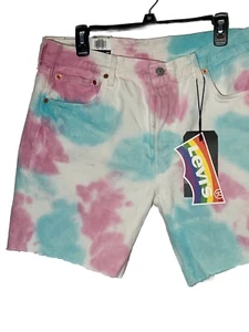 Levi's 501s Mens '93 Pride Tie Dye White Button Up Jean Denim Shorts Blue Pink - Picture 1 of 16