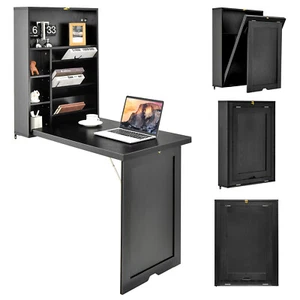 Wall Mounted Computer Convertible Desk Floating Desk w/ Storage Bookcases Black - Picture 1 of 11