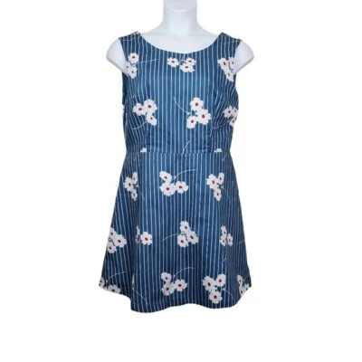 ModCloth Womens Sleeveless Teal Blue Stripe Floral Print A-Line Dress Size 14 - Image 1 of 4