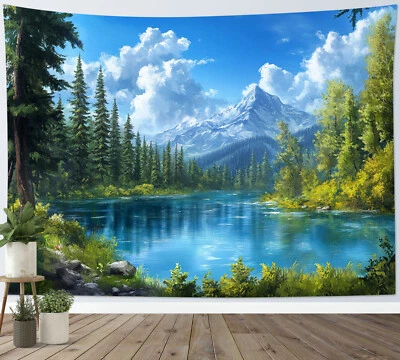 White Cloud Nature Green Forest Mountain Tapestry for Bedroom Living Room Dorm - Image 1 of 4