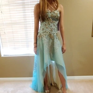 JOVANI Aqua/Gold High-Low Formal Dress - Size 8 - Picture 1 of 8