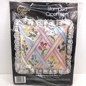 Golden Bee Stamped Cross Stitch Pastel Lattice Nosegay Pillow 14x14" SEALED Kit - Picture 1 of 7