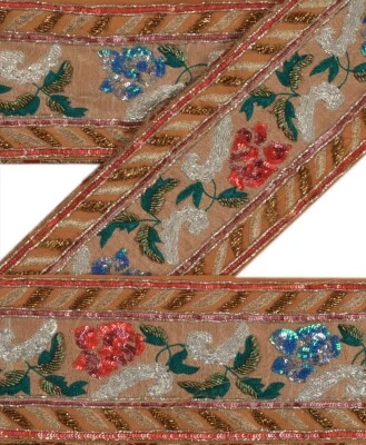 Sari Sánskriti Vintage 1 Yarda Borde Borde Beige Artesanal Cuentas Costura Deco Encaje Foto 1 de 4