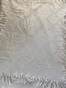 Vintage White Baby Blanket Diamond Waffle Weave Fringes Raised Pattern 36 X 30” - Picture 1 of 10