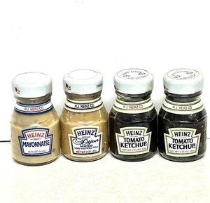 4 VINTAGE SEALED HEINZ MINIATURE GLASS BOTTLES OF MAYO KETCHUP MUSTARD CONDIMENT - Picture 1 of 2