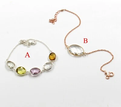 Bracciale cristallo trasparente/quarzo limone argento sterling 925 massiccio ... - Immagine 1 di 4