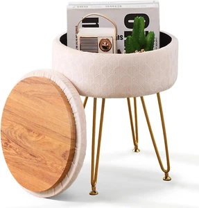 NEW Round Velvet Ottoman Footstool Storage Glam Living Room Bedroom Light Brown - Picture 1 of 12