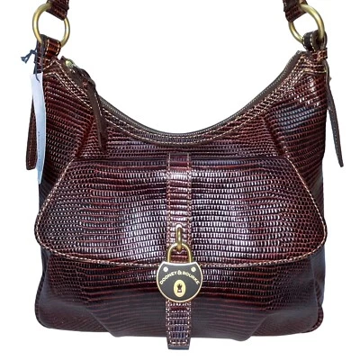 Bolso de Mano Dooney Bourke Hobo Santorini Cuero Lagarto Repujado Logo Bloqueo Coñac Foto 1 de 4
