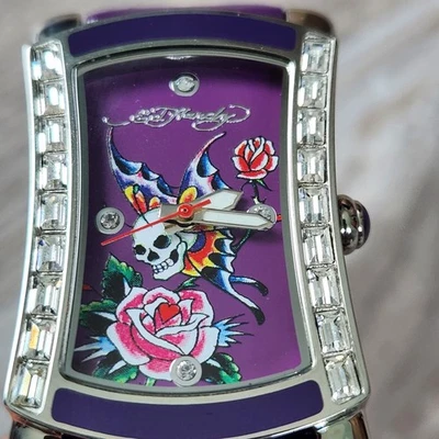Ed Hardy Quartz Skull Butterfly Rose Leather Purple Watch Japanese Mvmt 3ATM HTF - Image 1 of 4