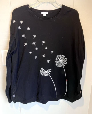 J JILL Sweater Women's XL Black Dandelion Ladybug Long Sleeve Pullover - Image 1 of 4