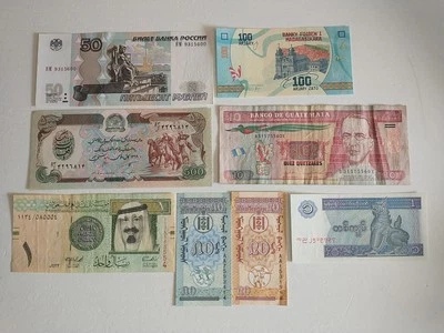 8 Worldwide Banknotes Guatemala Saudi Arabia Afghanistan Russia Myanmar Mongolia - Image 1 of 2