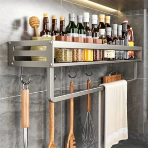 Kitchen Hook Rack Wall Mounted Utensil Rack Kitchen Shelf Organiser Spice Rack - Picture 1 of 12