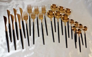 Silverware Set Stainless Steel Gold & Black 24 Pc 6 Place Settings Read Desc - Picture 1 of 6