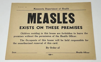 1920s MN Board Of Health Measles Contagious Quarantine Window Door Card Sign - Image 1 of 4