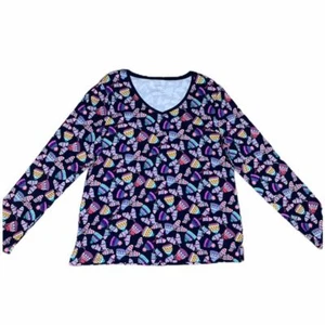 Talbots T-Shirt Top Size Medium V-Neck Mittens Cap Navy Blue Stretch Womens LS - Picture 1 of 3