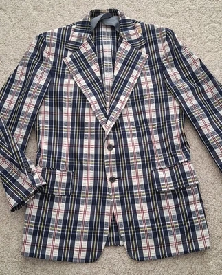 Vintage Haspel Sport Coat Mens Blue Madras Plaid Cotton Jacket 1970's - Image 1 of 4