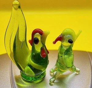 2 Miniature Blown Glass Art Bird Rooster 1" Vintage Green  - Picture 1 of 3