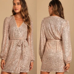 Lulu's NWT Sequin Wrap Dress Gold XL - Foto 1 di 15