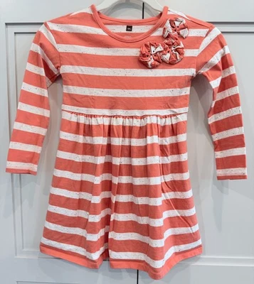 Vestido manga larga a rayas gris melocotón Tea Collection con apliques de flores talla 6 Foto 1 de 4