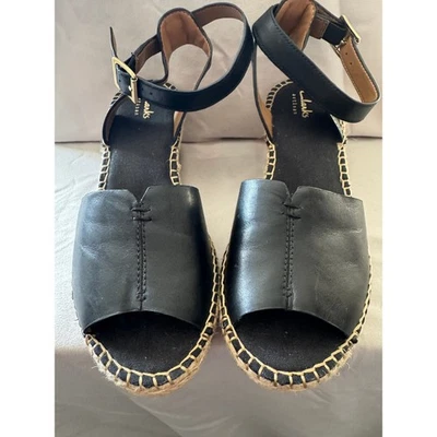 Sandalias de cuña Clarks artesanales de cuero negro alpargata para mujer 7M\ Foto 1 de 4
