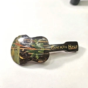 Vtg MCM Hand Painted Puerto Rico Guitar Pin Brooch Safety Pin Catch - Picture 1 of 7