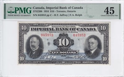 1934 $10 Imperial Bank of Canada Note Toronto, Ontario PMG XF45 045953 - Image 1 of 2