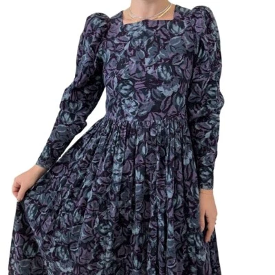 Maxi Vestido Vintage Años 90 Laura Ashley Azul Púrpura Floral Terciopelo Manga Abullonada Talla M Foto 1 de 4