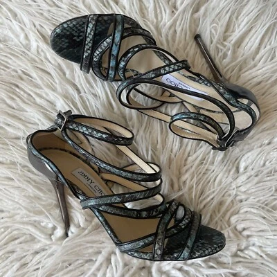 Sandalias de tacón Jimmy Choo Vargo con tiras de cuero en relieve de serpiente azul azulado talla 38 Foto 1 de 4