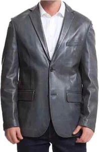 Blazer de piel de cordero formal elegante para hombre gris dos botones hecho a mano cuero genuino suave - Imagen 1 de 5