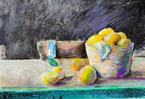 Kitchen Fruit Watercolor Painting Colorful Still Life Pastel Painting Oil Pastel - Picture 1 of 2
