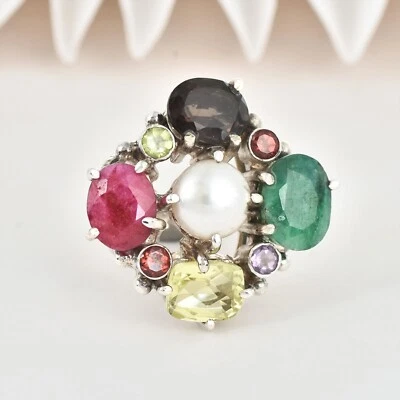 NATURAL PEARL,LEMON,SMOKY QUARTZ,PINK GREEN CORUNDUM 925SILVER RING JEWELRY GIFT - Image 1 of 4