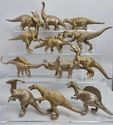 金属金色塑料恐龙玩偶 12 件 4 英寸 - 6 英寸尺寸带储物袋 — 第 1/4 张图片
