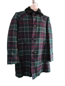 Vintage Pendleton 1950s Plaid Mens Car Coat 44 Wood Buttons Faux Fur Collar EUC - Picture 1 of 24