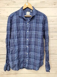 Baird McNutt LINEN Shirt Men Large Slim Button Up Long Sleeve Blue Plaid Murano - Picture 1 of 8