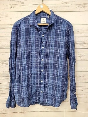 Baird McNutt LINEN Shirt Men Large Slim Button Up Long Sleeve Blue Plaid Murano - Image 1 of 4