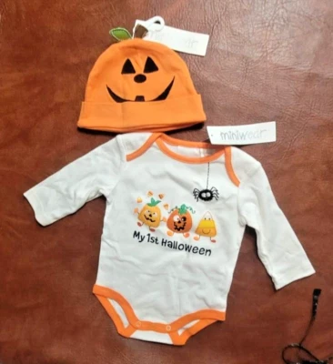 NWT 1st Halloween 1 Piece Long Sleeve Bodysuit with Pumpkin Face 3-6 m Hat 6-9 m - Image 1 of 4