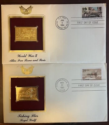 Lot Of 2 First Day Issue Stamps Fishing Flies & World War II Free Rome & Paris - Image 1 of 4