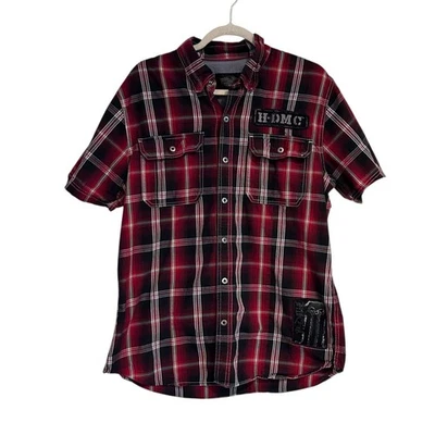 Harley Davidson Pearl Snap Shirt Mens Sz Large Red Black Short Sleeve Bikercore - Image 1 of 4