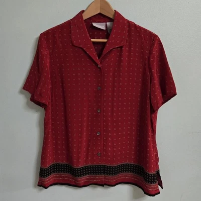Antiga Blusa de Seda Liz Claiborne Vermelha Preta Links Botão Cottagecore Retrô Pequena 14 - Imagem 1 de 4