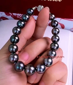 AAAAA 7.5"12-13mm Natural real round tahitian black pearl bracelet 14K GOLD - Picture 1 of 5