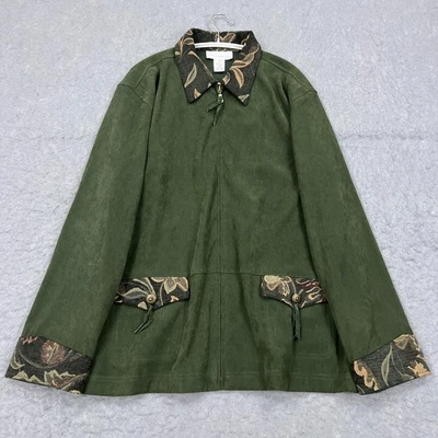 Susan Graver Style Jacket Women's XL Green Suede Flap Pocket Floral Tapistry - Image 1 of 4