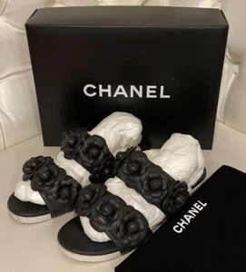 CHANEL Camellia Sandals GOLD CC Logo charm 39 Black W box Flats shoes - Picture 1 of 9