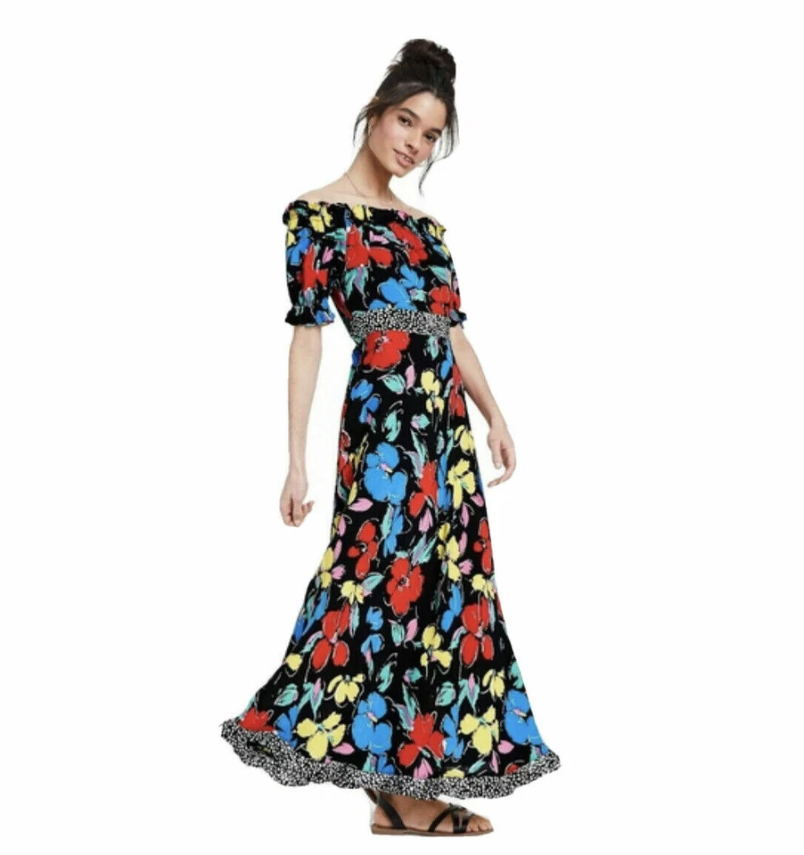 RIXO for Target Floral off The Shoulder Puff Maxi Dress Black Size 10
