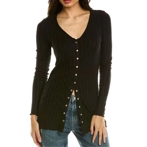 Nation LTD Mayumi Slim Rib Snap Cardigan Sweater in Jet Black Size Medium - Picture 1 of 9