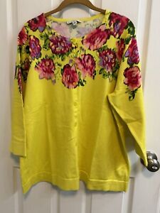 Isaac Mizrahi XL Button Cardigan A253841 Yellow Floral 3/4 Sleeves New