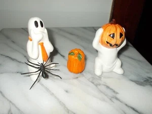 HALLOWEEN Ghost & Jack O Lantern Pumpkin Head Salt & Peppers w Pumpkin/Spider - Picture 1 of 8