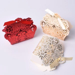1-100X Red White Gold Laser Cut Paper Wedding Party Favour Sweet Gift Boxes - Picture 1 of 13