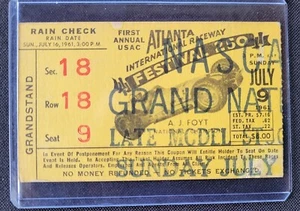1961 NASCAR Atlanta Festival 250 Ticket Stub, Fred Lorenzen Win #3 - Picture 1 of 2